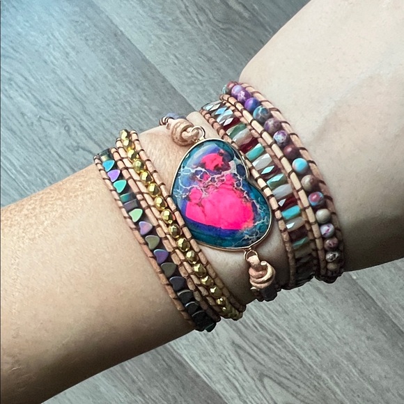 Accessories - Big multicolor heart wrap bracelet natural stone